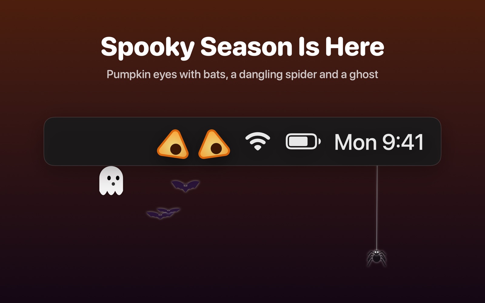 Pumpkin eyes with bats, a dangling spider and a ghost